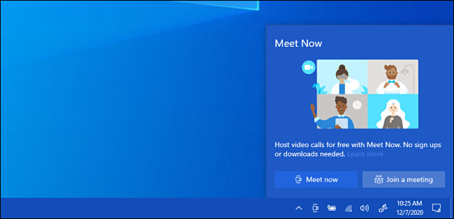 A janela pop-up "Meet Now" do Windows 10