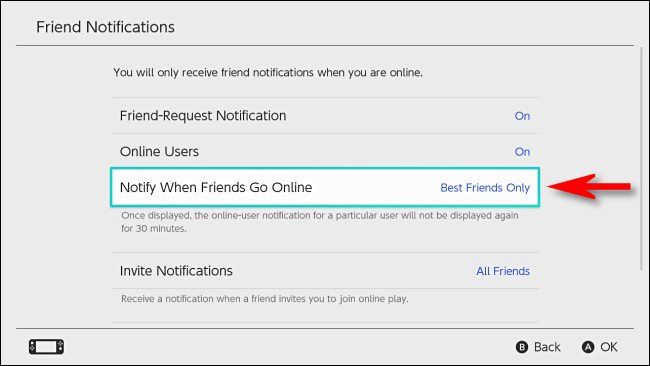 Em Alternar configurações de usuário, defina "Notificar quando amigos ficarem online" como "Somente melhores amigos".