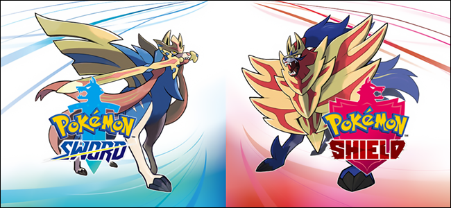 O logotipo e os personagens de "Pokémon Sword and Shield".