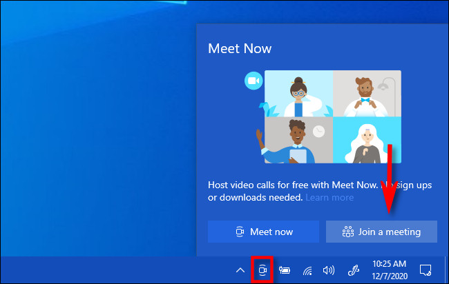 Clique no ícone “Meet Now” na barra de tarefas e selecione “Join meeting”.