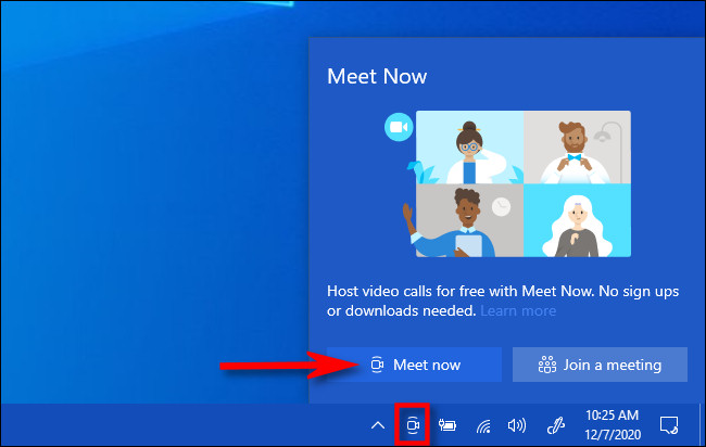 Clique no ícone “Meet Now” na barra de tarefas e selecione “Meet now”.