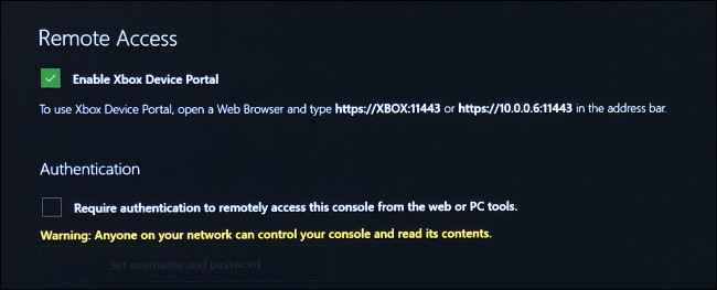 Configurações de acesso remoto no modo de desenvolvedor Xbox