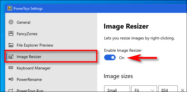 Open PowerToys and click "Image Resizer," then make sure the switch is set to "On."