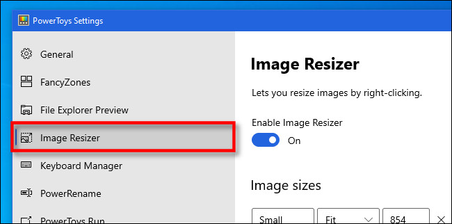 Launch PowerToys and select the "Image Resizer" module in the sidebar.