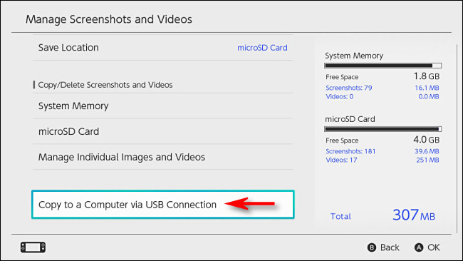 Na opção "Gerenciar capturas de tela e vídeos", selecione "Copiar para um computador via conexão USB".