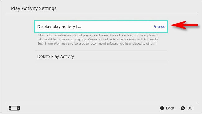 Nas configurações do Nintendo Switch, selecione "Exibir atividade de jogo para."
