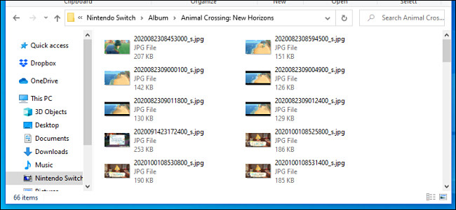 Uma lista de capturas de tela do Nintendo Switch e imagens de vídeo vistas em um PC com Windows por um cabo USB.