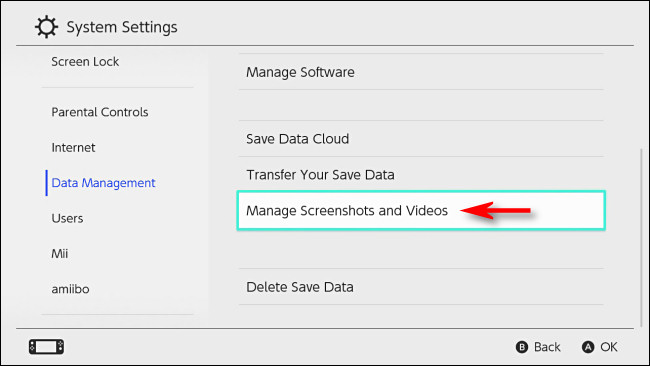 Na opção "Gerenciamento de dados", selecione "Gerenciar capturas de tela e vídeos".