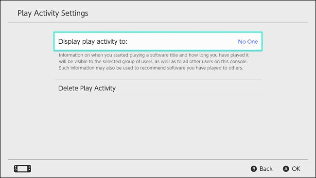 Nintendo Mude a configuração "Exibir atividade de jogo para" definida como "Ninguém".