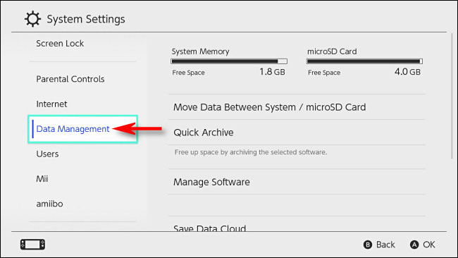 Em Switch System Settings, selecione "Data Management".