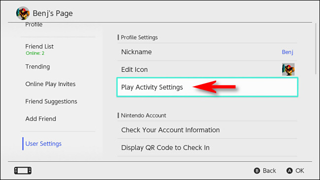 Em Nintendo Switch User Settings, selecione "Play Activity Settings".