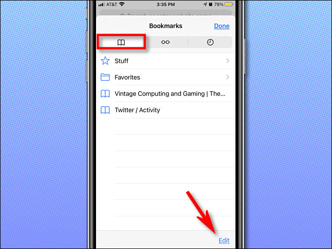 No Safari, selecione a guia Favoritos e toque em "Editar".