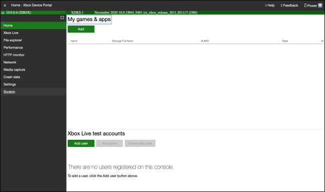 Interface da Web do modo de desenvolvedor Xbox