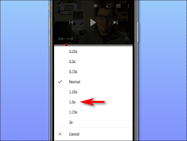 Selecione a velocidade de reprodução do YouTube desejada na lista.