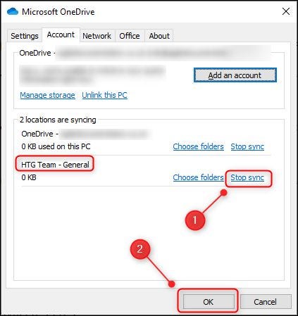 A opção "Parar sincronização" nas configurações do OneDrive.