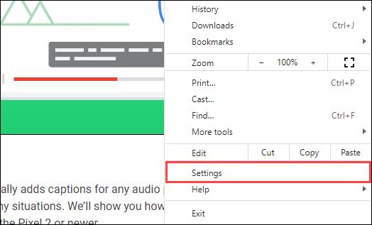 selecione as configurações do menu