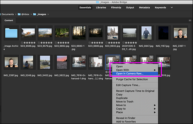 Usando o Adobe Bridge para abrir uma foto no Adobe Camera RAW.