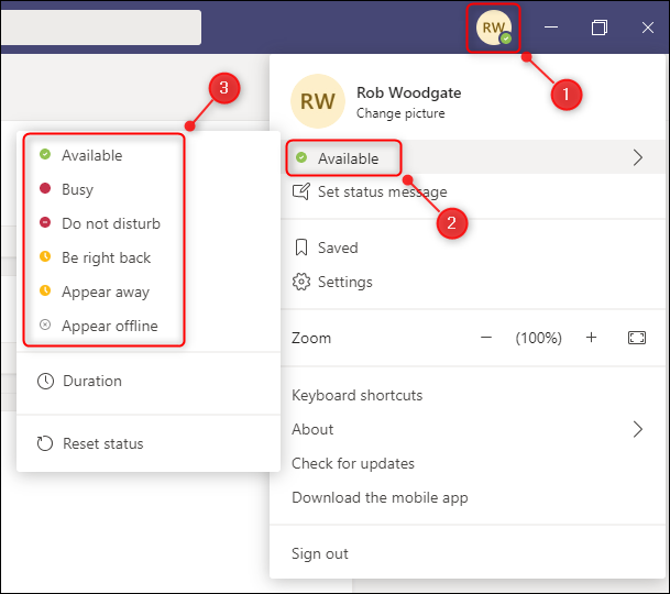 As opções de status no Microsoft Teams