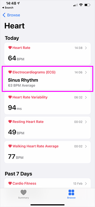 aplicativo de saúde mostrando a opção de ECG destacada