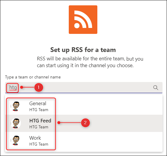 A caixa de texto para inserir a equipe à qual você está adicionando o feed.