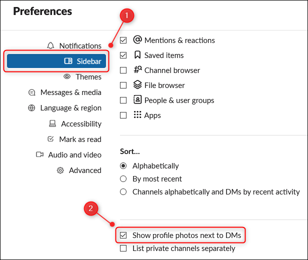 A opção "Mostrar fotos de perfil ao lado de DMs" no painel Preferências.