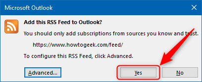 O botão "Sim" na janela de confirmação de RSS.