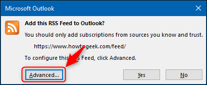O botão "Avançado" na janela de confirmação de RSS.