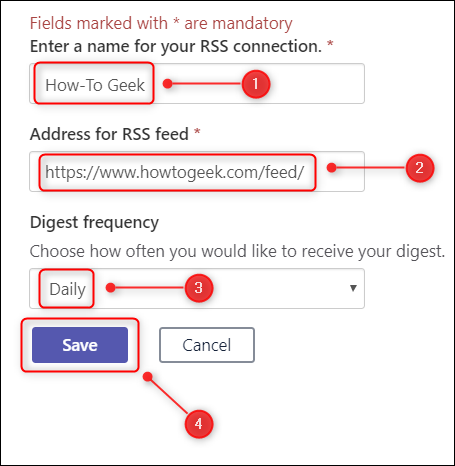 As caixas de texto nas quais inserir os detalhes do feed.