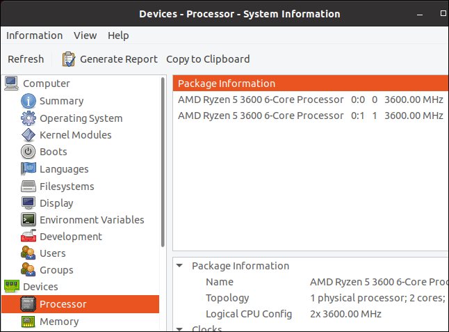 o display do processador hardinfo