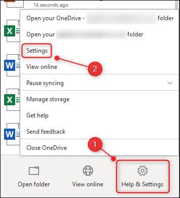 A opção de menu "Configurações" do OneDrive.
