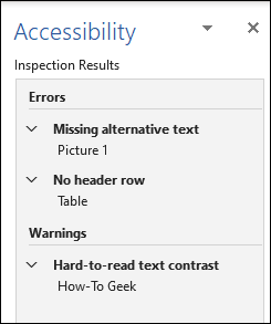 Resultados da inspeção do Verificador de acessibilidade mostrando avisos e dicas