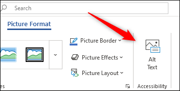 Opção de texto alternativo no grupo de acessibilidade da guia de formato de imagem