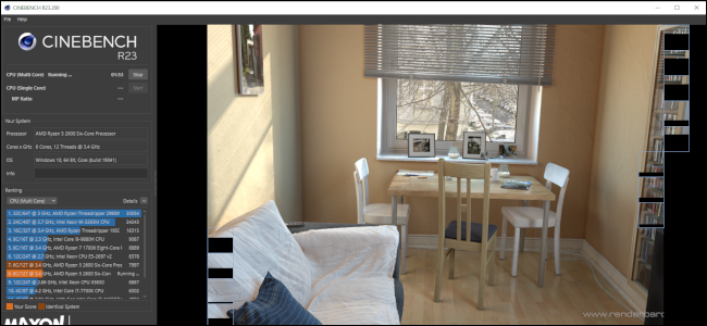 Cinenbench R23 executando um teste ao renderizar uma imagem de uma mesa e cadeiras com um sofá em primeiro plano.