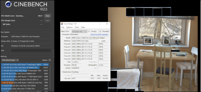 Cinebench executando um teste de renderização de imagem com uma janela Core Temp em execução ao lado dela.