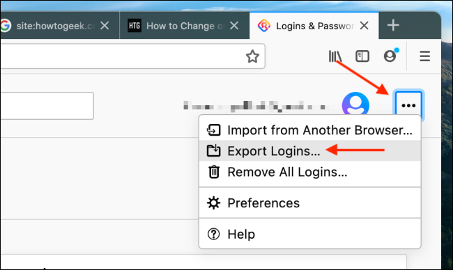 Clique em Exportar logins no Firefox