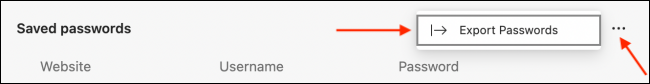 Clique em Exportar senhas no Microsoft Edge