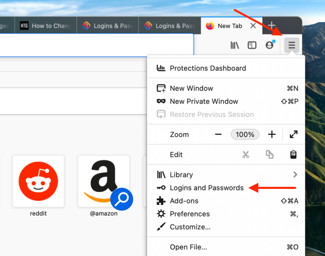 Clique em Logins e senhas no menu do Firefox