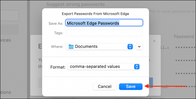 Clique em Salvar para exportar CSV do Microsoft Edge