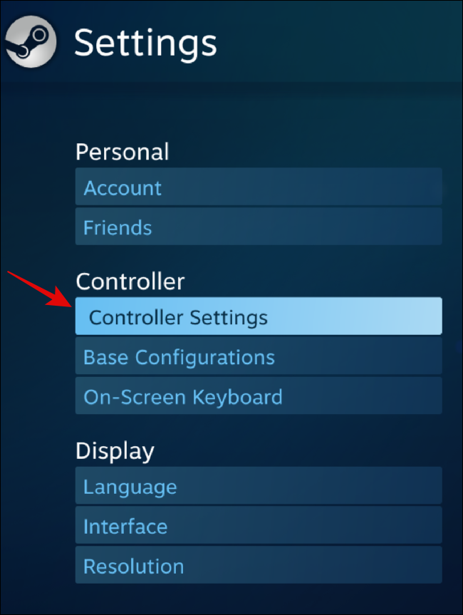 Configurações do controlador sob o título Controlador no Steam