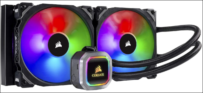 Um cooler para CPU AIO com duas ventoinhas RGB e um waterblock com o logotipo da Corsair.