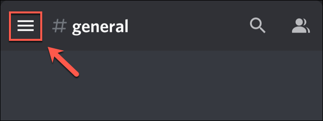 Para abrir o menu Discord em dispositivos móveis, toque no ícone do menu de hambúrguer no canto superior esquerdo.