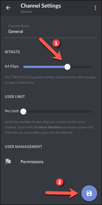 No menu "Configurações do canal", mova o controle deslizante "Taxa de bits" para cima ou para baixo para alterar os níveis de qualidade da taxa de bits e toque no botão "Salvar".