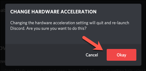 Para confirmar uma alteração nas configurações de aceleração de hardware do Discord, clique na opção "Ok" na caixa de alerta pop-up.