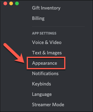 No menu de configurações do Discord, clique na opção "Aparência".