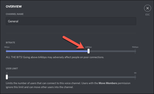 No menu "Visão geral" do canal, mova o controle deslizante "Taxa de bits" para cima ou para baixo para alterar a qualidade da comunicação de voz nesse canal.