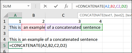 Um exemplo de várias cadeias de texto combinadas usando a função CONCATENAR do Excel.
