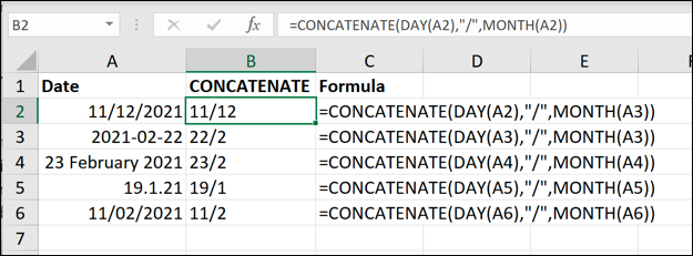 Exemplos da função CONCATENAR do Excel usada para remover o ano dos valores de data.