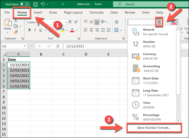 No Excel, selecione seus valores de data e pressione Home> Formato de Número> Mais Formatos de Número.