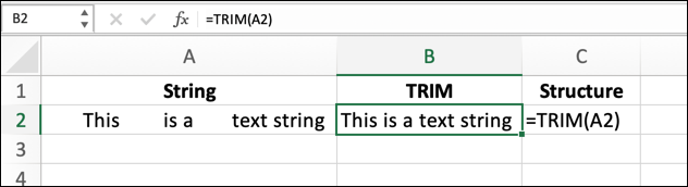 Para usar a função TRIM no Excel usando uma referência de célula, use a fórmula = TRIM (A2), substituindo A2 por sua própria referência de célula.