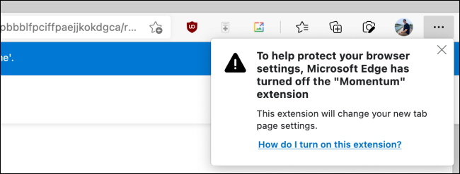 Extensão desativada pop-up no Microsoft Edge